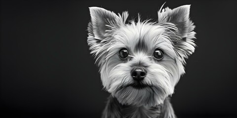 High contrast black and white of a Yorkshire Terrier on black backdrop. Concept High Contrast, Black and White, Yorkshire Terrier, Pet Portraits, Dramatic Pose