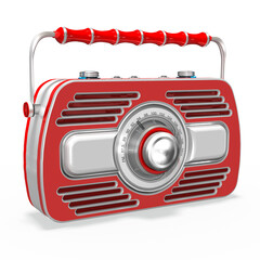 3d  rot, graues Radio, Kofferradio im Retro Style mit Henkel und Senderwahl mit transparenten Hintergrund, freigestellt - 753118419