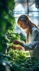 A female biolechnologist examines the leaves of cultivated plants of vegetables and herbs for the presence of disease in a greenhouse, Laboratory. Agronomy, Science, Agriculture, Farming concepts.