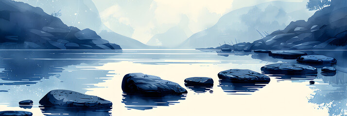 Illustration of Stones in River,
Painting of a lake with a mountain in the background generative ai
 - obrazy, fototapety, plakaty
