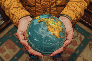 Being Eco Friendly - Globe in hands with Yellow full hands shirt 