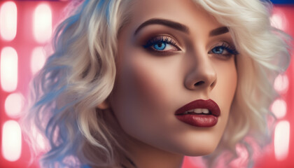 Glamorous Woman with Platinum Blonde Hair and Red Lipstick Against Bokeh Lights Generative AI