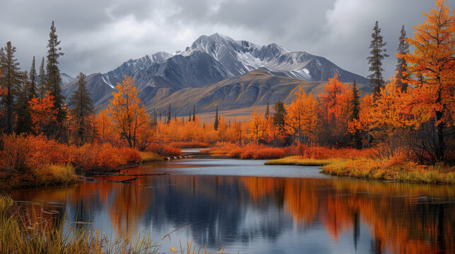 The autumn colours ignite the landscape in colour along the dempster highway, yukon. an amazing, beautiful place any time of year but it takes on a different feel in autumn, yukon, canada.