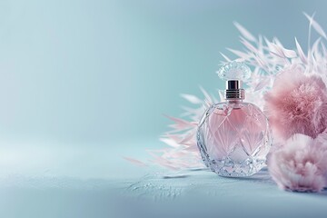 A vintage-style perfume bottle delicately placed on a dreamy light blue background reminiscent of a fairytale scene, real photo ai generative high quality image