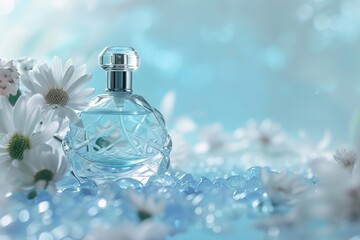 A vintage-style perfume bottle delicately placed on a dreamy light blue background reminiscent of a fairytale scene, real photo ai generative high quality image