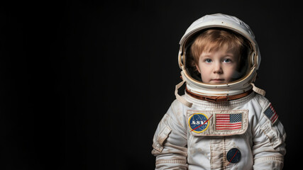 picture of little boy dressed up as a astronaut isolated on black background