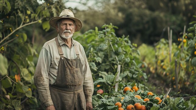 A serene elderly gentleman standing proudly in his bountiful vegetable garden, vintage photo, stock photography ai generative image