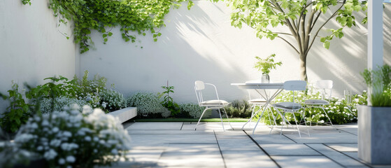 Minimal mock up with suburban patio of penthouse. Backyard terrace with green plants, lounge furniture. Luxury exterior design. Villa facade. Copy space. Generative ai - obrazy, fototapety, plakaty
