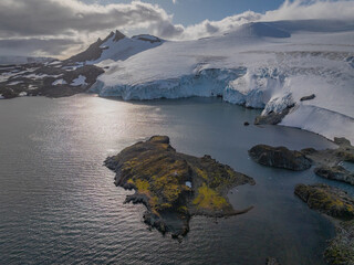 aerial view on the Antarctic continent of maritime signals, navigation aids with view of ice, snow...