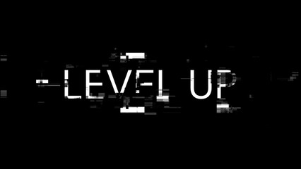 3D rendering level up text with screen effects of technological glitches