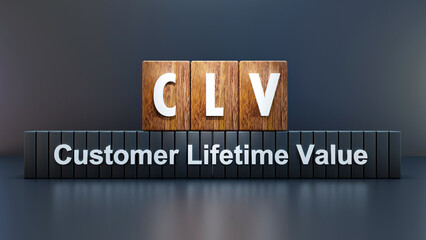 Text abbreviation CLV - Customer Lifetime Value on wooden cube, black background