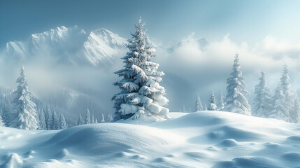 Winter landscape with snow-covered trees and mountains.  Snowy spruce. Christmas tree in the snow.
