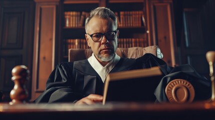 Court of Law and Justice Trial: Portrait of Impartial Male Judge Listening To the Pleaded Case. Unbiased Decision after Hearing Arguments. Deliberation on Guilty, Not Guilty Verdict. - obrazy, fototapety, plakaty