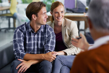 Marriage, therapy and couple with smile for advice in communication with partner, together and...