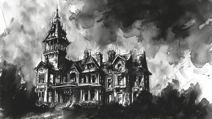 Gothic Mansion Sketch - Haunting Black and White Art