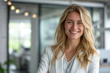 Obraz premium Portrait of smiling young businesswoman with blonde hair, Happy female employee, professional confident woman at office, smiling business woman wallpaper concept, female Portrait at co-working space