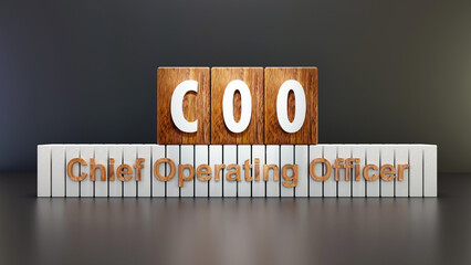 Text abbreviation COO - Chief Operating Officer  on wooden cube, black background - obrazy, fototapety, plakaty