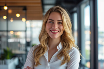 Fototapeta premium Portrait of smiling young businesswoman with blonde hair, Happy female employee, professional confident woman at office, smiling business woman wallpaper concept, female Portrait at co-working space