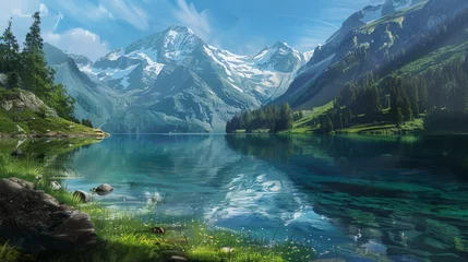 Fotobehang A Painting of a Lake Surrounded by Mountains © LabirintStudio