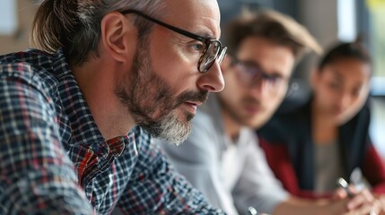 Obraz premium A focused close-up of office staff colleagues attentively discussing a new project with the boss, real photo, stock photography ai generative high quality image