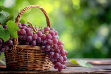 wicker basket with vines full of large crowns of brown grapes, in the garden outdoors against a background of trees with bokeh on a wooden table - Powered by Adobe