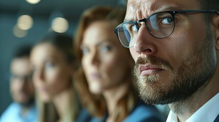Fototapeta premium A focused close-up of office staff colleagues attentively discussing a new project with the boss, real photo, stock photography ai generative high quality image
