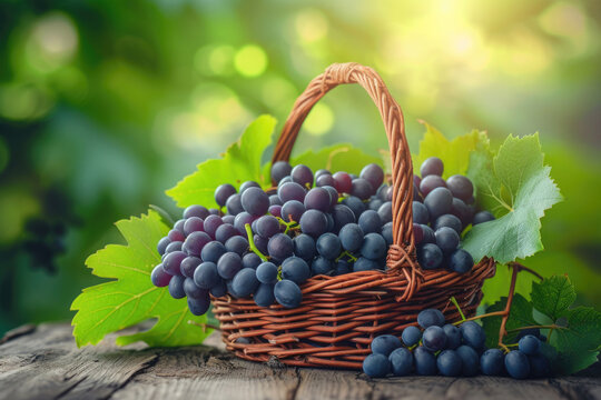 wicker basket with vines full of large crowns of dark grapes, in the garden outdoors against the background of trees on a wooden table