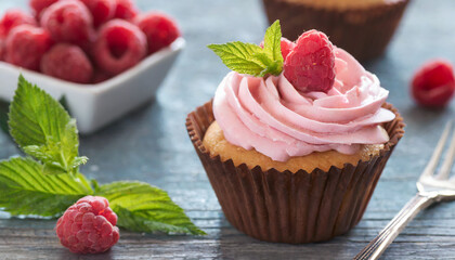 Homemade cupcake with pink cream and raspberries. Delicious and sweet dessert. Tasty food.