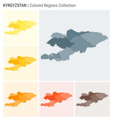 Kyrgyzstan map collection. Country shape with colored regions. Blue Grey, Yellow, Amber, Orange, Deep Orange, Brown color palettes. Border of Kyrgyzstan with provinces for your infographic.