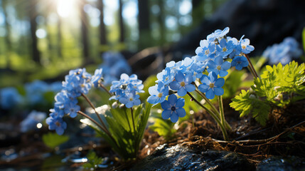 Blue forget-me-not flowers in a forest clearing in the light of the morning sun.