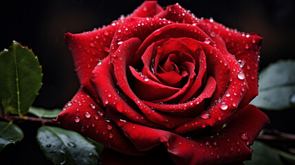 Intricate dance of raindrops on the velvety petals of a red rose