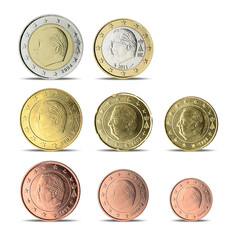 Belgian euro coins all denominations isolated on white background - obrazy, fototapety, plakaty