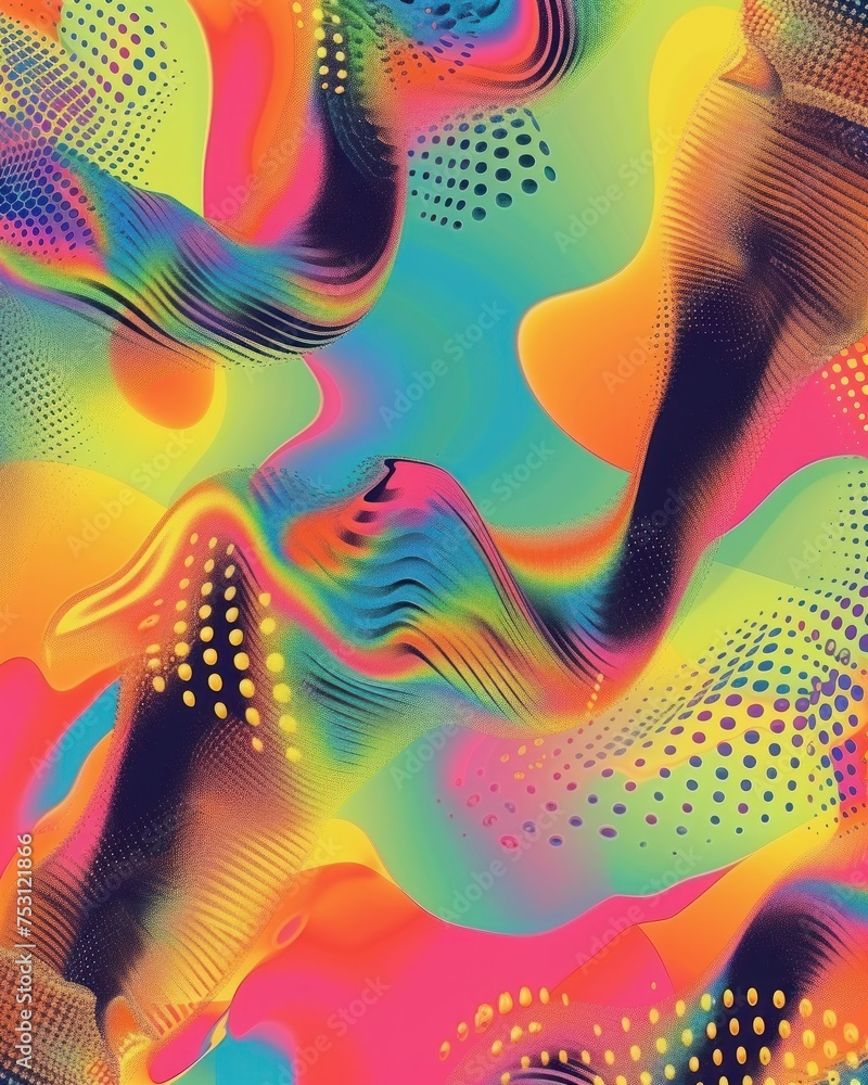 Poster a vibrant digital abstract background with flowing neon colors and dotted patterns, ideal for creati