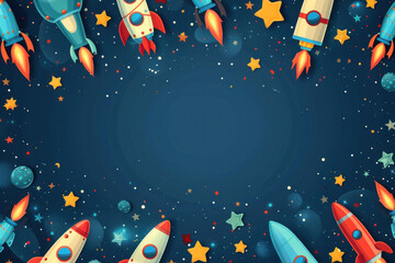 A playful dark blue background with colorful cartoon rockets and stars, perfect for a children's space-themed wallpaper or educational material about astronomy.