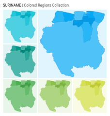 Suriname map collection. Country shape with colored regions. Light Blue, Cyan, Teal, Green, Light Green, Lime color palettes. Border of Suriname with provinces for your infographic.