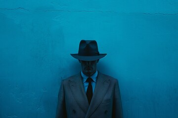 Anonymous Person in Suit with Hat Blue Background