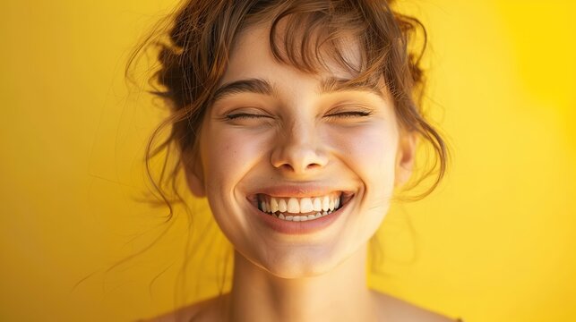 Capturing a beaming smile against a sunny yellow backdrop, real photo, stock photography