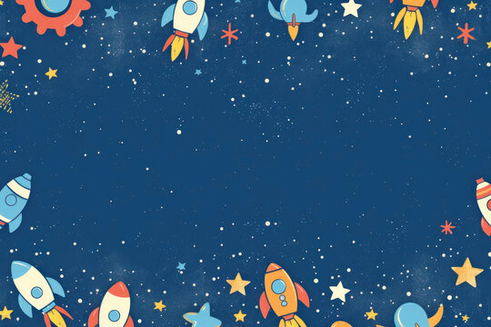 A playful dark blue background with colorful cartoon rockets and stars, perfect for a children's space-themed party invitation or educational material about astronomy.
