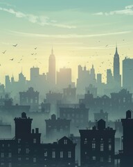 A panoramic early morning cityscape with buildings silhouetted against a hazy sky, ideal for storytelling backgrounds or urban lifestyle content.