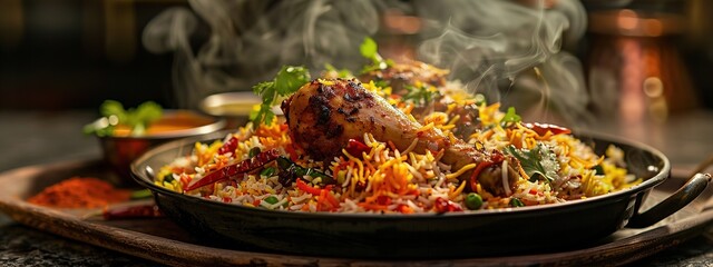 Classic-style painting of a steaming plate of chicken biryani served with aromatic spices and garnishes, real photo ai generative