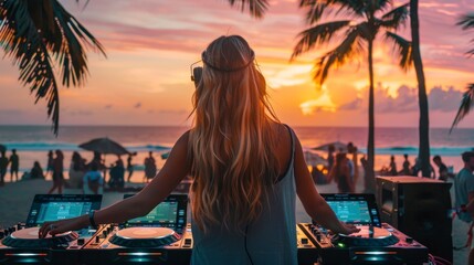 beautiful dj woman playing on a mixer on a beach at a beautiful sunset in high resolution and high quality. music concept, woman, dj, beach