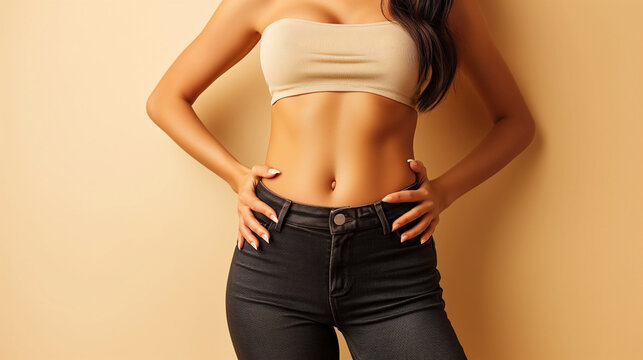 Young woman with flat belly on beige background closeup
