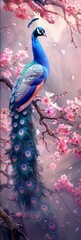 Peacock in Cherry Blossom Flower Garden - Illustrated Painting Style Generative AI