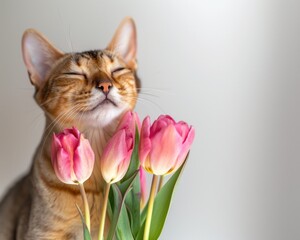 A contented cat appears to be smiling beside a bouquet of pink tulips