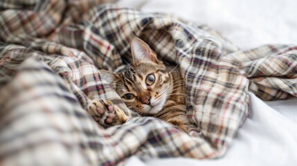 A cat is cozily nestled in a plaid blanket