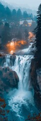 Illuminated Rhine Falls at Night, Europe's Biggest Waterfall Generative AI