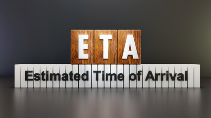 Text Acronym ETA - Estimated Time of Arrival
on wooden cube, black background