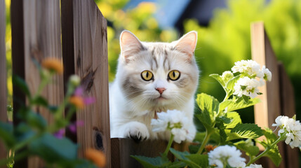 A beautiful white cat lying on a wooden fence in a garden