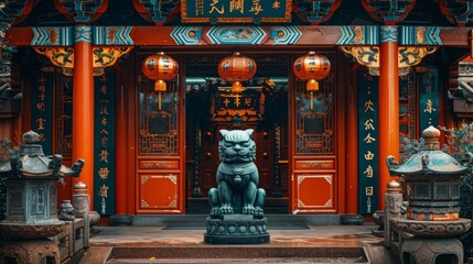 an entry to a chinese temple with a statue of a cat, in the style of japanese-inspired imagery,