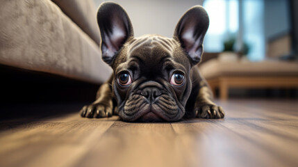 Cute portrait of a French Bulldog puppy lying on a floor